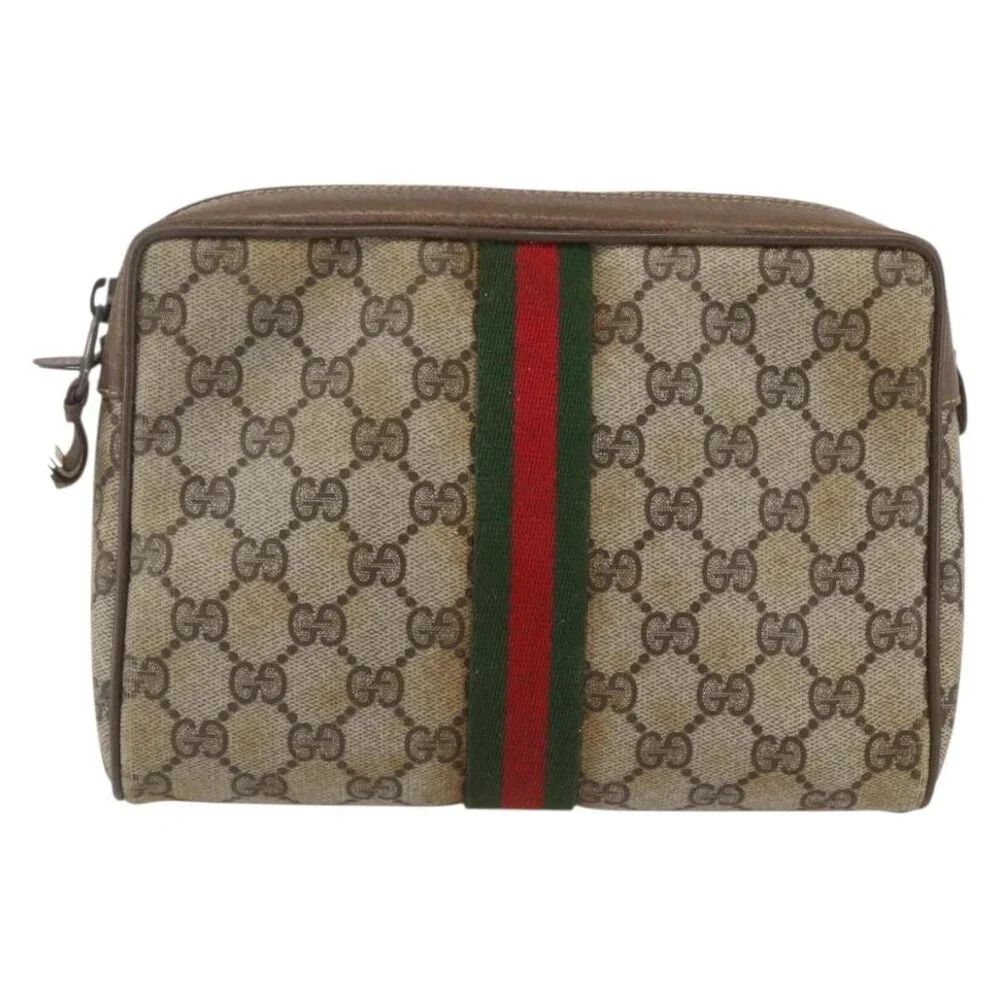 GUCCI GG Supreme Web Sherry Line Clutch Bag PVC Beige Gold 89 01 012 Auth 158514 - Picture 2 of 16